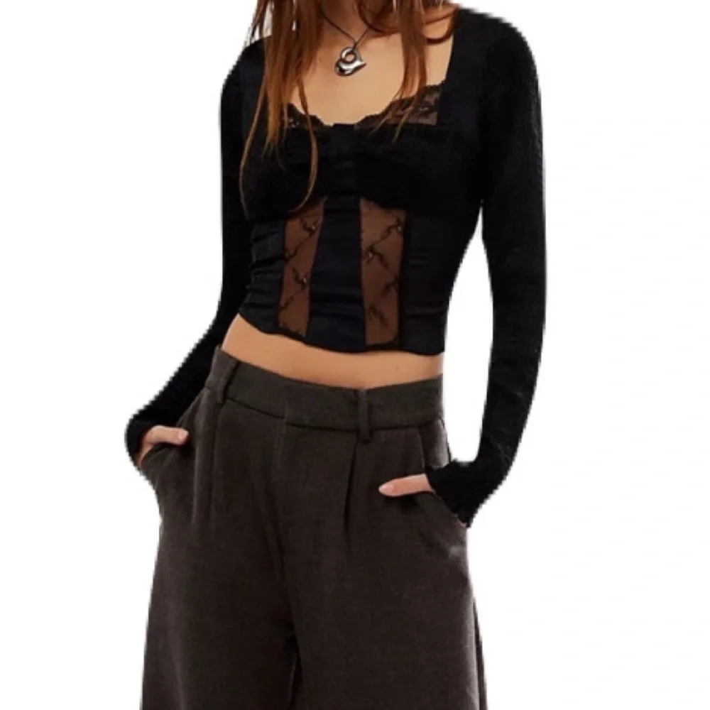 NWT Free People Black Large Long Sleeve Once You Realize Corset Cropped Top